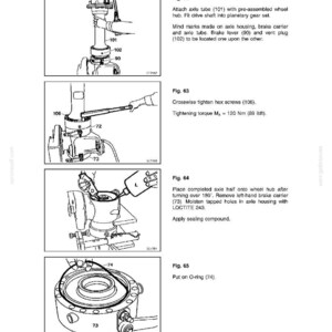 May include: Technical handbook page with diagrams illustrating automotive repair procedures. Figures show steps like attaching axle tubes, tightening screws, and applying sealing compound. Includes measurements in Nm and lbft.