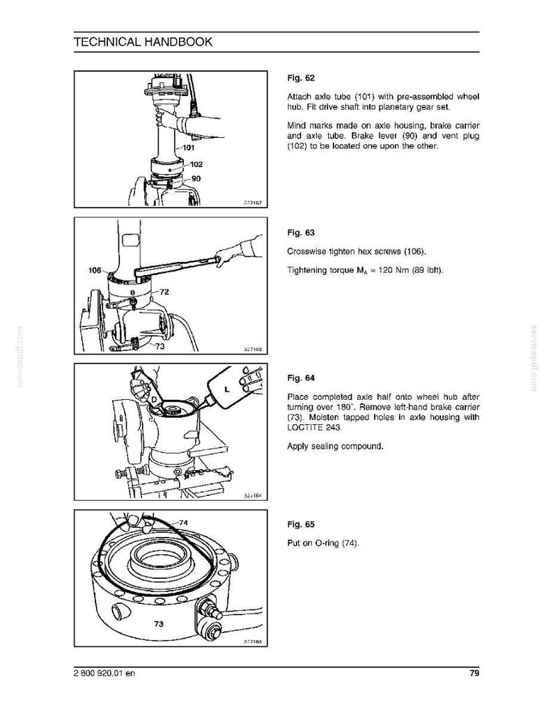 May include: Technical handbook page with diagrams illustrating automotive repair procedures. Figures show steps like attaching axle tubes, tightening screws, and applying sealing compound. Includes measurements in Nm and lbft.
