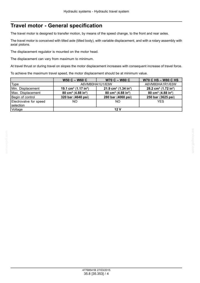 May include: A technical diagram detailing the specifications of a travel motor, including displacement, control parameters, and voltage. Measurements are in both cubic centimeters and inches, with pressure in psi.