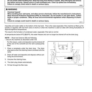 May include: A page from a maintenance manual detailing how to drain water and deposits from a fuel tank. The page includes safety warnings about fuel vapors and chemical hazards, along with step-by-step instructions and a diagram.