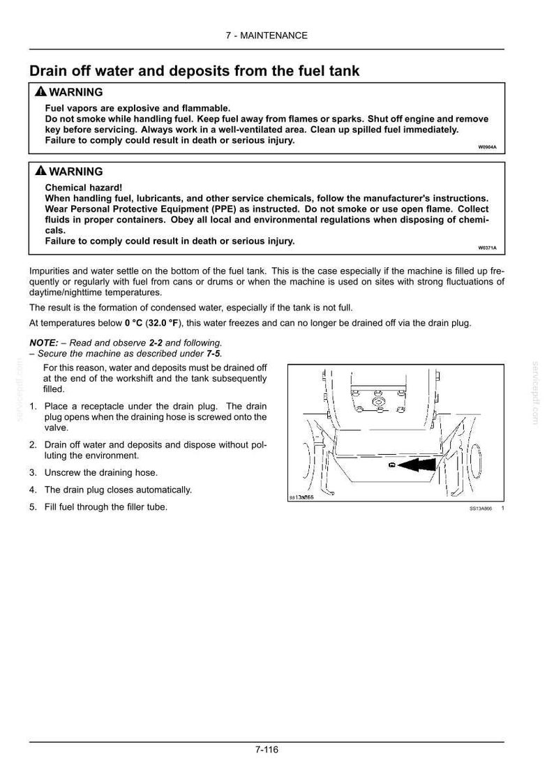 May include: A page from a maintenance manual detailing how to drain water and deposits from a fuel tank. The page includes safety warnings about fuel vapors and chemical hazards, along with step-by-step instructions and a diagram.