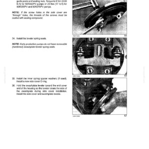 May include: Page from a technical manual, featuring diagrams and instructions for hydraulic system components. Includes text about installing guide posts, sealing nuts, and spring seats. The page is labeled "SECTION 35 - HYDRAULIC SYSTEM - CHAPTER 4."
