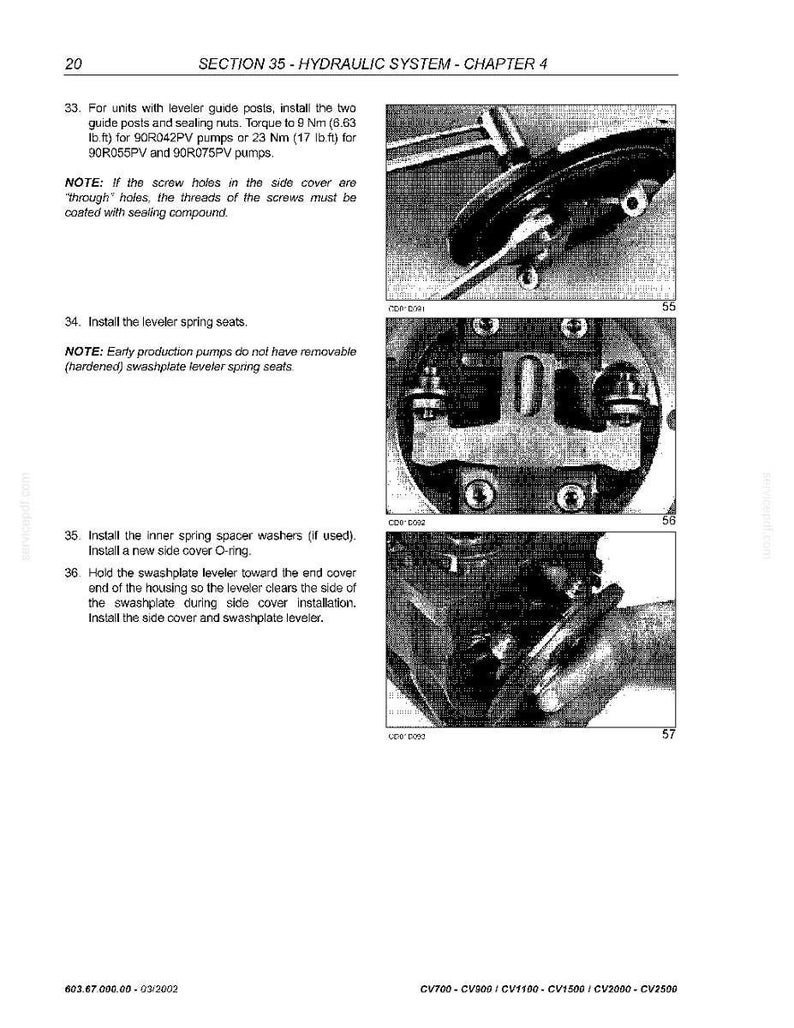 May include: Page from a technical manual, featuring diagrams and instructions for hydraulic system components. Includes text about installing guide posts, sealing nuts, and spring seats. The page is labeled "SECTION 35 - HYDRAULIC SYSTEM - CHAPTER 4."
