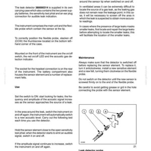 May include: Page from a manual detailing an electronic leak detector for refrigerant leaks. Includes text, diagrams, and a labeled diagram of the leak detector probe with parts like the flexible probe and sensing tip.
