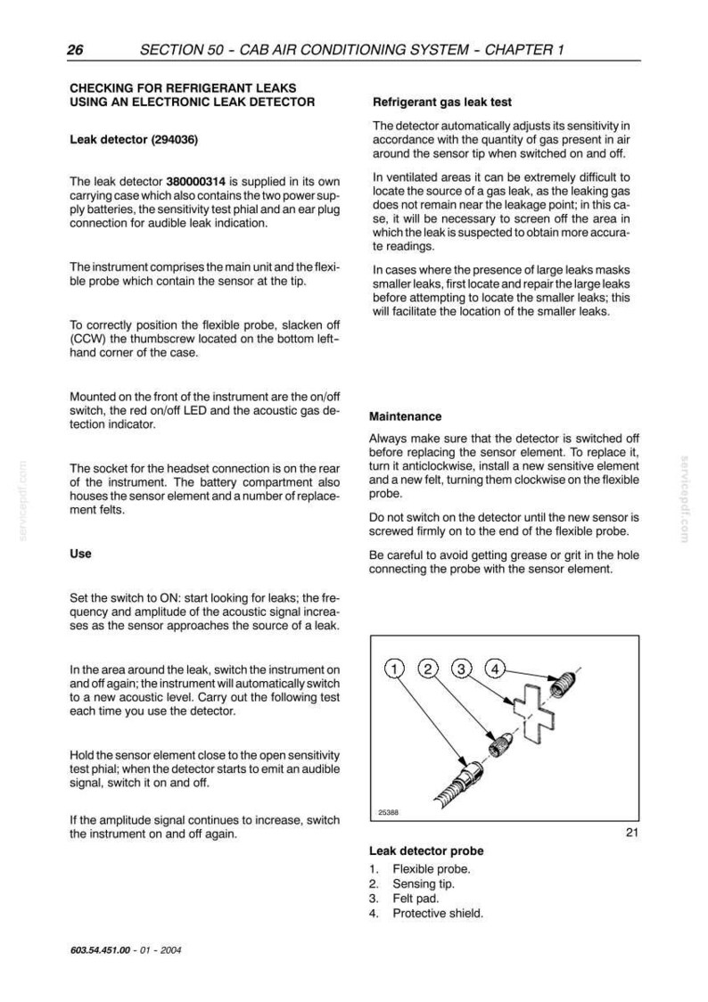 May include: Page from a manual detailing an electronic leak detector for refrigerant leaks. Includes text, diagrams, and a labeled diagram of the leak detector probe with parts like the flexible probe and sensing tip.