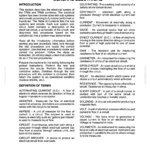 May include: A technical document page titled Section 1 Electrical System, General Electrical. It contains an introduction and a definition of terms section, listing electrical concepts like Alternating Current, Ammeter, Ampere, Circuit, and Circuit Breaker.