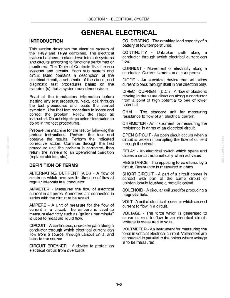 May include: A technical document page titled Section 1 Electrical System, General Electrical. It contains an introduction and a definition of terms section, listing electrical concepts like Alternating Current, Ammeter, Ampere, Circuit, and Circuit Breaker.