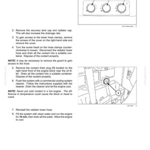 May include: A technical manual page titled 7-MAINTENANCE featuring black and white line drawings. The top diagram shows three circular heater control knobs numbered 1, 2, and 3. The bottom diagram illustrates an engine block with a coolant drain plug.