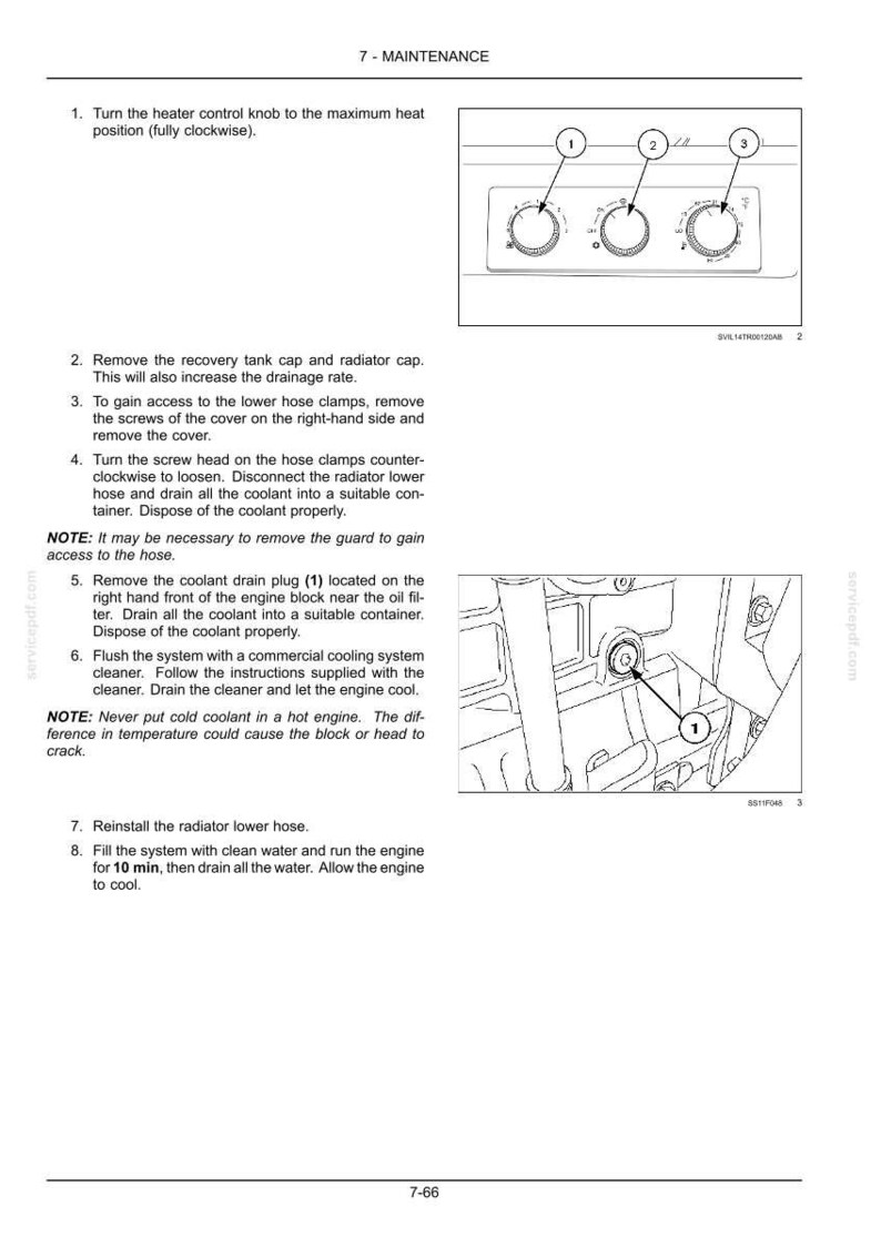 May include: A technical manual page titled 7-MAINTENANCE featuring black and white line drawings. The top diagram shows three circular heater control knobs numbered 1, 2, and 3. The bottom diagram illustrates an engine block with a coolant drain plug.
