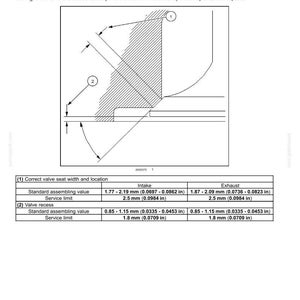 May include: Diagram of an engine cylinder head, detailing valve seat inspection. Includes measurements in inches for intake and exhaust, with standard assembling values and service limits. Text explains the inspection process.