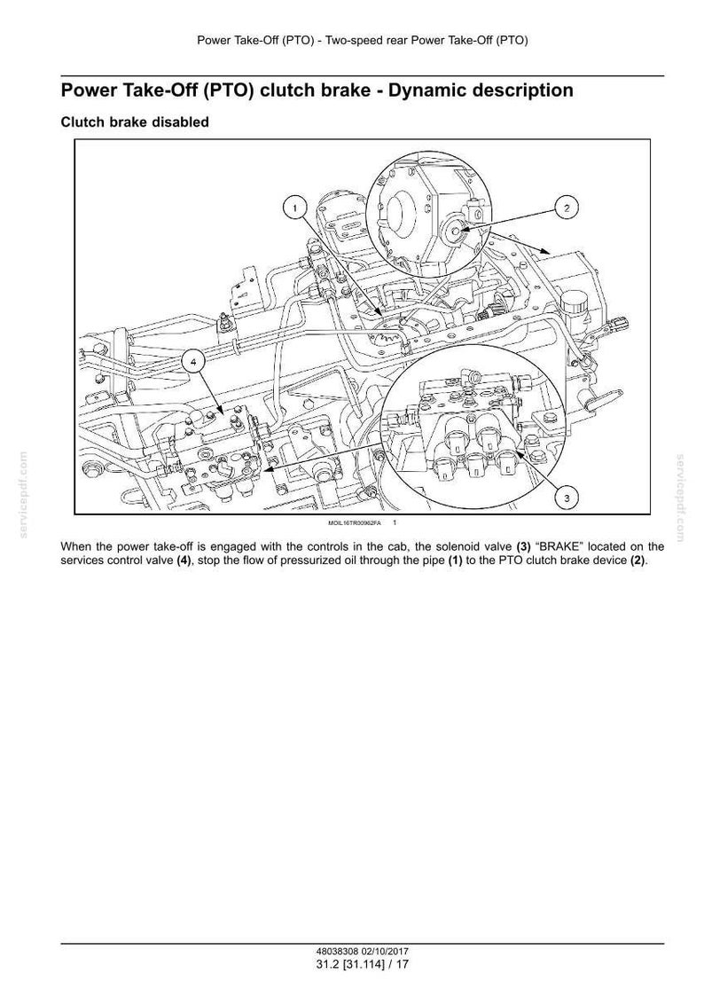 May include: Diagram of a power take-off (PTO) clutch brake system. The image shows the PTO clutch brake device (2), solenoid valve (3), and services control valve (4). The text reads "Clutch brake disabled."