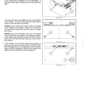 May include: Diagram of a machine's rear view camera system, with labels for camera locations and display views. Includes text about camera operation, warnings, and failure indicators. The image shows a machine with a rear view camera.