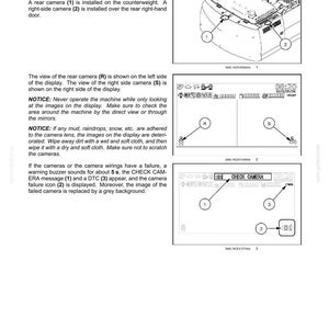 K&ouml;nnte beinhalten: Diagramm des R&uuml;ckfahrkamerasystems einer Maschine. Die Abbildung zeigt Kamerapositionen, Displayansichten und Fehleranzeigen. Enth&auml;lt Textbeschriftungen und einen Warnhinweis zum Betrieb.