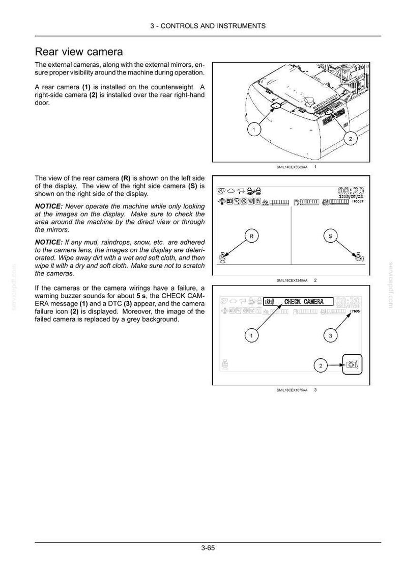 K&ouml;nnte beinhalten: Diagramm des R&uuml;ckfahrkamerasystems einer Maschine. Die Abbildung zeigt Kamerapositionen, Displayansichten und Fehleranzeigen. Enth&auml;lt Textbeschriftungen und einen Warnhinweis zum Betrieb.