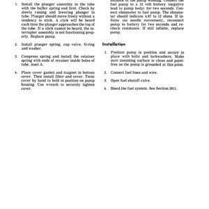 May include: A black and white printed page with instructions for assembling and installing a pump. The text includes steps for installing the plunger assembly, spring, and cover, as well as checking the resistance of the pump winding.