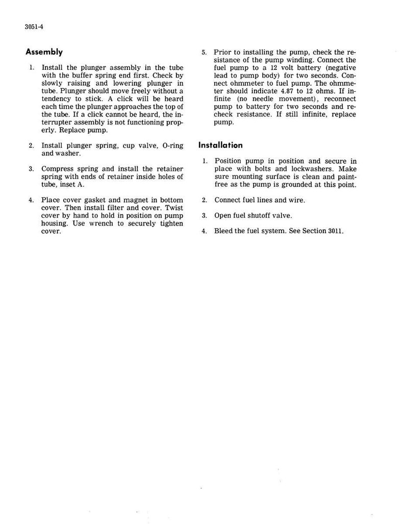 May include: A black and white printed page with instructions for assembling and installing a pump. The text includes steps for installing the plunger assembly, spring, and cover, as well as checking the resistance of the pump winding.