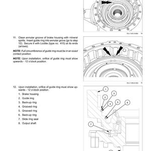 May include: Diagram of a rear axle system with planetary and final drives. The image includes detailed illustrations of brake housing, guide rings, back-up rings, grooved rings, and output shaft components, with numbered labels and arrows.