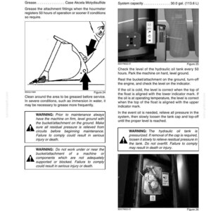 May include: A manual page with instructions for machinery maintenance. It shows diagrams and text on lubricating grease fittings and checking hydraulic oil levels. Safety warnings are also present, with measurements in litres.