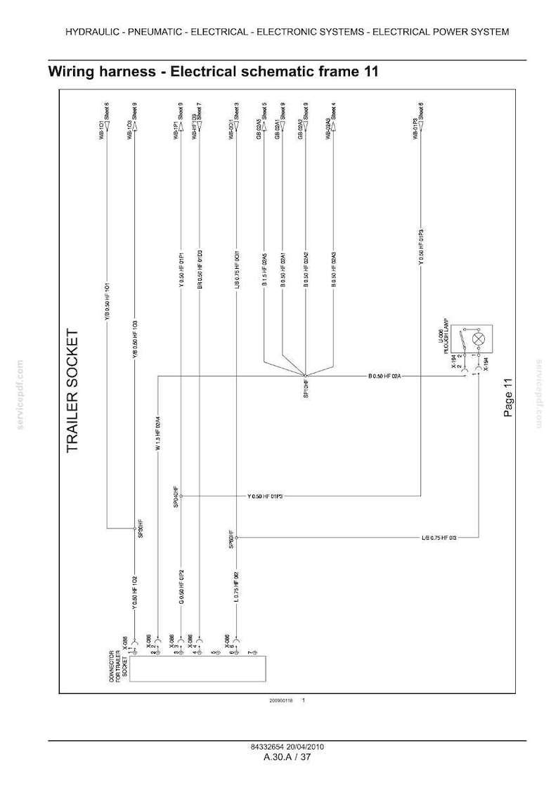 May include: Electrical schematic diagram of a wiring harness, frame 11, with labels for trailer socket, connector, and various electrical components. Includes text: "HYDRAULIC - PNEUMATIC - ELECTRICAL - ELECTRONIC SYSTEMS - ELECTRICAL POWER SYSTEM."