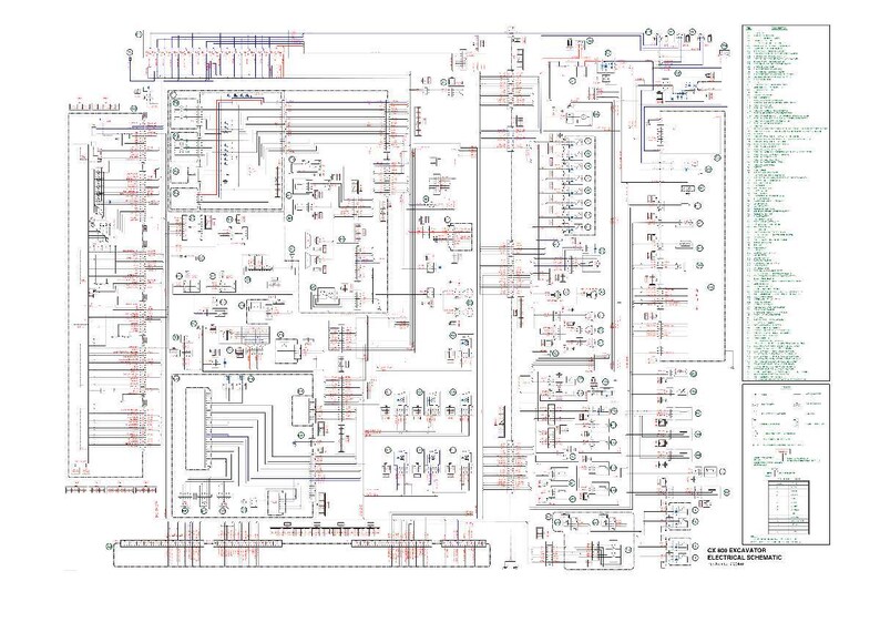 May include: A detailed electrical schematic diagram for a CX400 excavator. The diagram is complex, with numerous lines, symbols, and annotations in black, red, and green on a white background. Text in the lower right corner reads "CX400 EXCAVATOR ELECTRICAL SCHEMATIC."