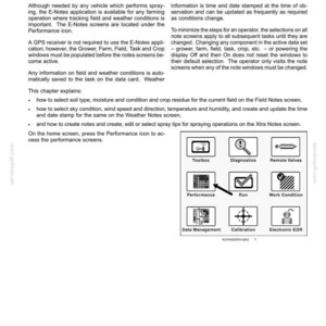 Może przedstawiać: Strona dokumentacji technicznej zatytułowana Precision Farming: E-Notes, szczeg&oacute;łowo opisująca zastosowania notatek polowych dla pojazd&oacute;w rolniczych. Zawiera tekst instruktażowy oraz siatkę dziewięciu ikon ze strzałką wskazującą ikonę Performance.