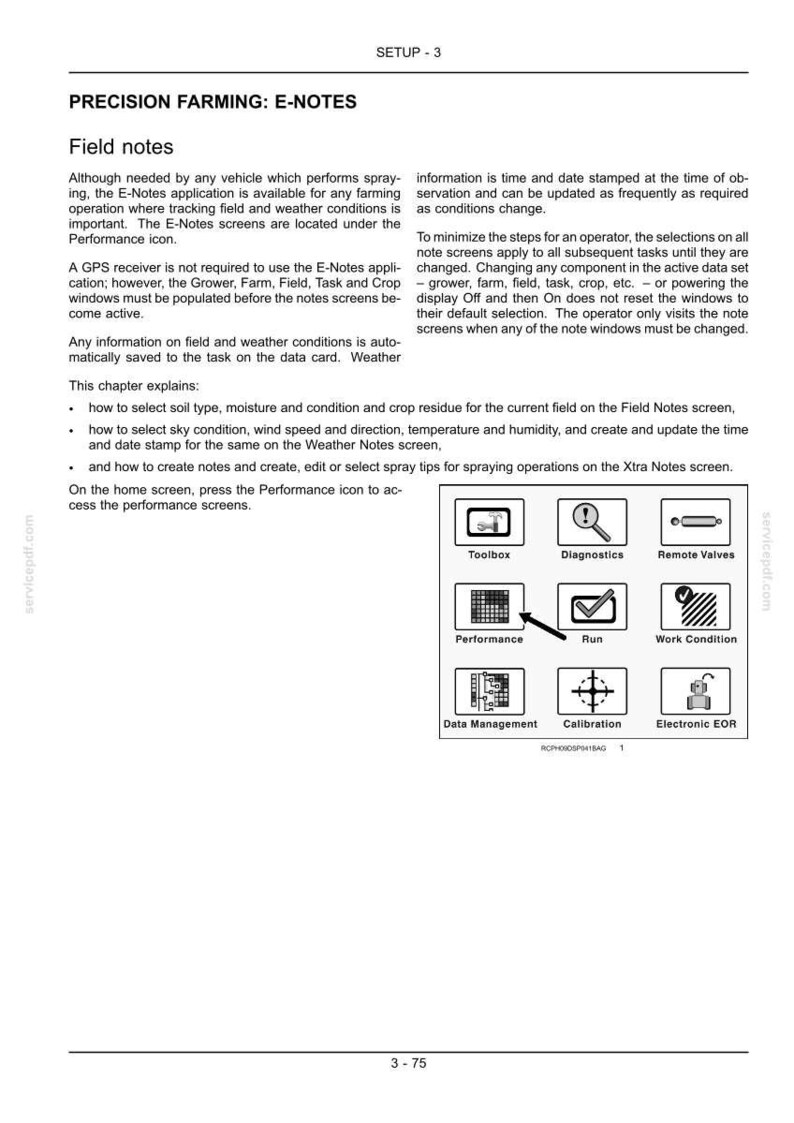 Może przedstawiać: Strona dokumentacji technicznej zatytułowana Precision Farming: E-Notes, szczeg&oacute;łowo opisująca zastosowania notatek polowych dla pojazd&oacute;w rolniczych. Zawiera tekst instruktażowy oraz siatkę dziewięciu ikon ze strzałką wskazującą ikonę Performance.
