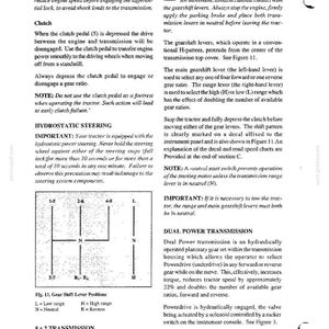 May include: A technical manual page titled CONTROLS, INSTRUMENTS AND OPERATION, featuring text about tractor clutch, hydrostatic steering, and gear shift lever positions. It includes a diagram labeled Fig. 11 showing H-pattern gear shift positions.