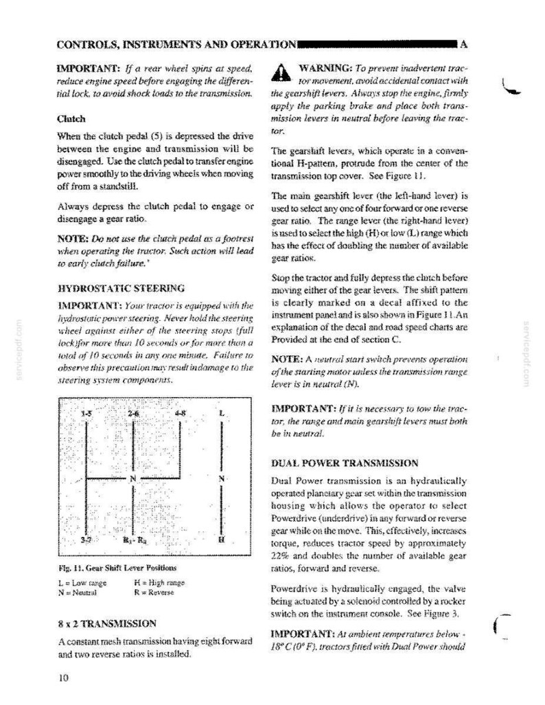 May include: A technical manual page titled CONTROLS, INSTRUMENTS AND OPERATION, featuring text about tractor clutch, hydrostatic steering, and gear shift lever positions. It includes a diagram labeled Fig. 11 showing H-pattern gear shift positions.