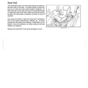 May include: A technical manual page titled 3 - CONTROLS AND INSTRUMENTS, featuring an Operator's Seat section. It includes a black and white line drawing of a seat with numbered callouts 1 and 2, and text instructions for seat belt operation.