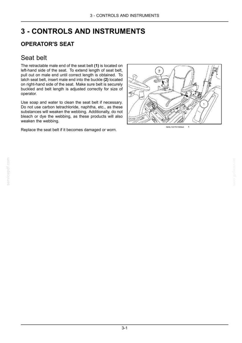 May include: A technical manual page titled 3 - CONTROLS AND INSTRUMENTS, featuring an Operator's Seat section. It includes a black and white line drawing of a seat with numbered callouts 1 and 2, and text instructions for seat belt operation.