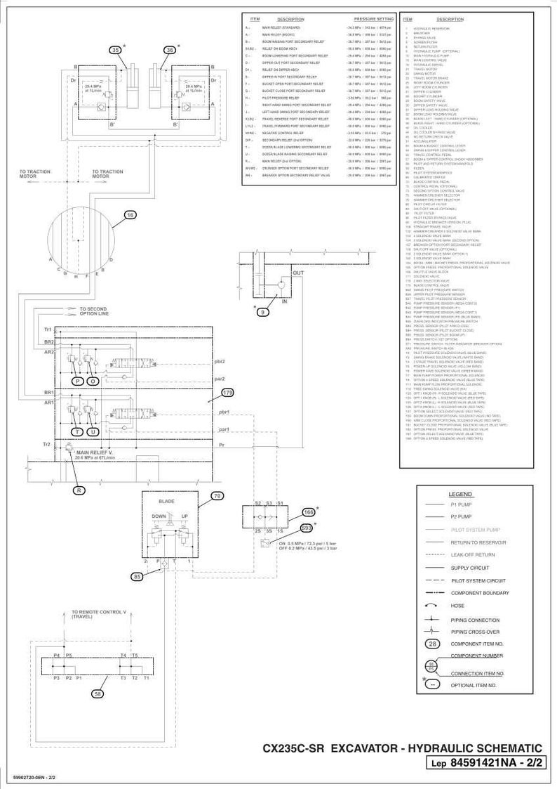 May include: A detailed hydraulic schematic for a CX235C-SR excavator. The diagram includes various components, piping, and connections, with labels and item numbers. The schematic is labeled "Lep 84591421NA - 2/2".