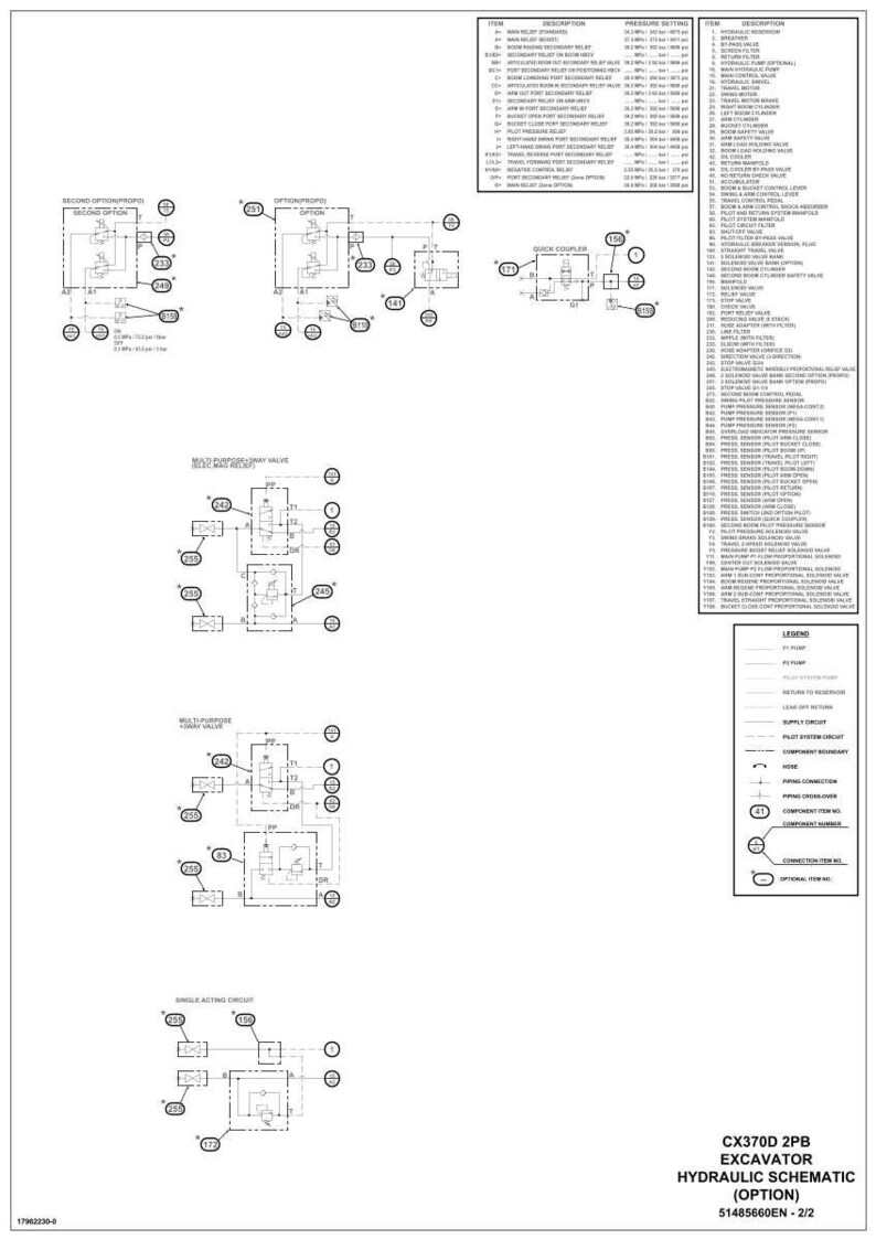 Pu&ograve; includere: Schema idraulico dettagliato per un escavatore CX370D 2PB, con diagrammi dei circuiti, etichette dei componenti e una legenda. Il disegno tecnico &egrave; in bianco e nero, con vari simboli e annotazioni.