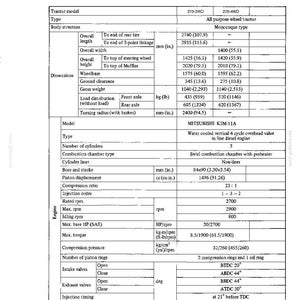 May include: A detailed specifications sheet for a Mitsubishi K3M-11A tractor. The document includes dimensions in inches, engine specifications, and valve clearance details. The text is in black on a white background.