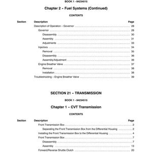 May include: A page from a manual with the headings "SECTION 10 - ENGINE" and "SECTION 21 - TRANSMISSION." The table of contents lists topics like "Fuel Systems" and "CVT Transmission," with page numbers. The text is black on a white background.