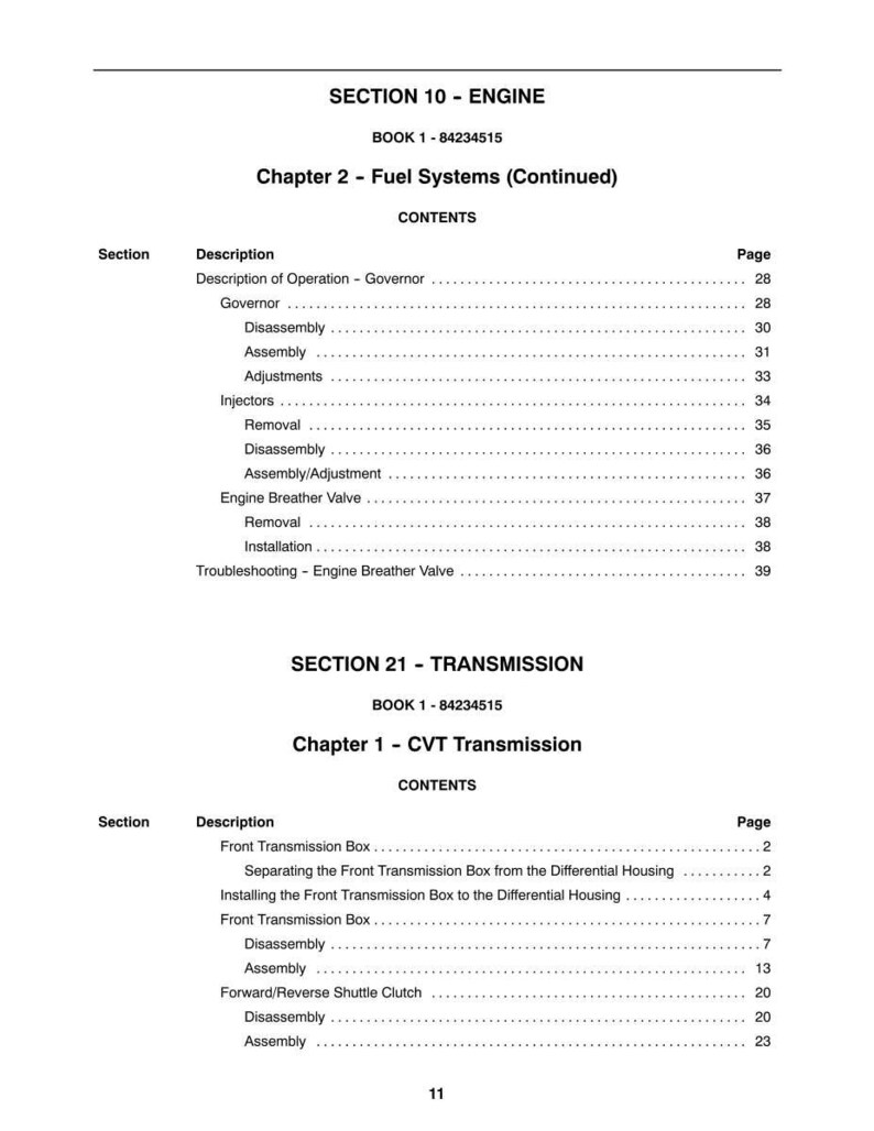 May include: A page from a manual with the headings "SECTION 10 - ENGINE" and "SECTION 21 - TRANSMISSION." The table of contents lists topics like "Fuel Systems" and "CVT Transmission," with page numbers. The text is black on a white background.