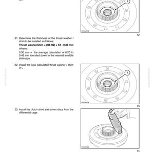 May include: Diagrams from a mechanical rear wheel drive chapter. The images show detailed illustrations of automotive components, including a thrust washer and clutch drive discs. The text provides instructions for measurements and installation procedures.
