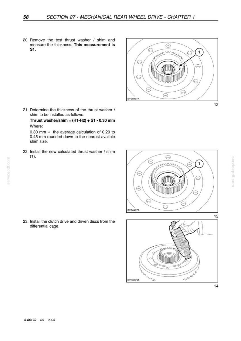 May include: Diagrams from a mechanical rear wheel drive chapter. The images show detailed illustrations of automotive components, including a thrust washer and clutch drive discs. The text provides instructions for measurements and installation procedures.