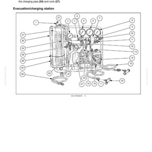 May include: Diagram of an evacuation/charging station for air conditioning systems. The image shows various components, including pipes, gauges, and connectors, with numbered labels for identification. Text at the top reads "Cab climate control - Air conditioning."