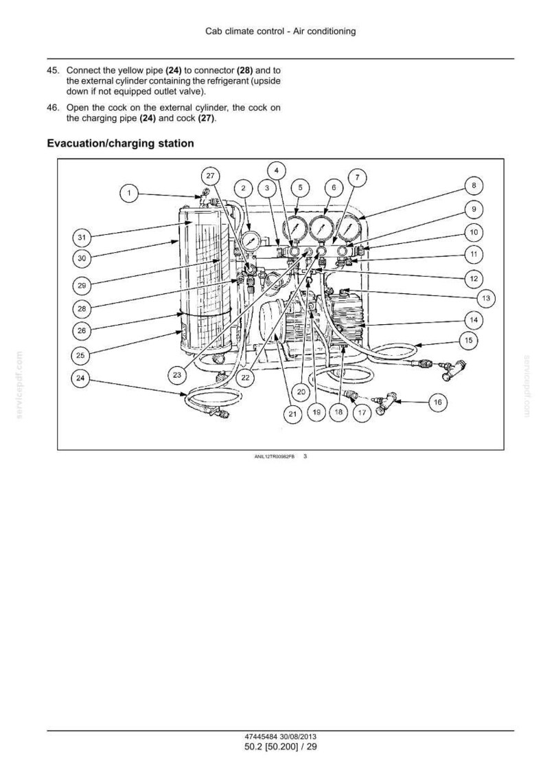 May include: Diagram of an evacuation/charging station for air conditioning systems. The image shows various components, including pipes, gauges, and connectors, with numbered labels for identification. Text at the top reads "Cab climate control - Air conditioning."