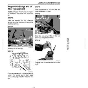 May include: Diagram of engine oil change and oil filter replacement steps. Includes instructions for removing the oil filter cap, cleaning the area, and installing a new seal. Text includes "LUBRICATION/FILTERS/FLUIDS" and "Engine oil change and oil filter replacement."