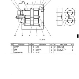 May include: Technical diagram of a gear pump, labeled with part names and quantities. The diagram includes a side view and a cross-sectional view, with components like housing, gears, and O-rings. The text "Fig. 1-12" is also present.