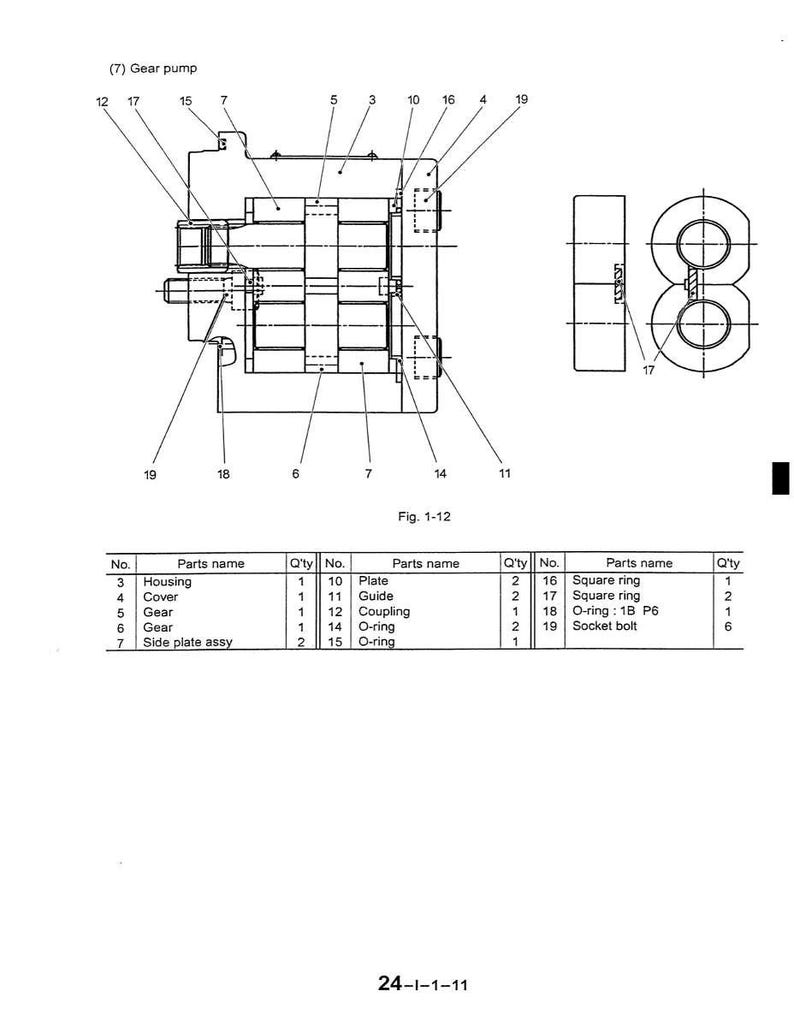May include: Technical diagram of a gear pump, labeled with part names and quantities. The diagram includes a side view and a cross-sectional view, with components like housing, gears, and O-rings. The text "Fig. 1-12" is also present.