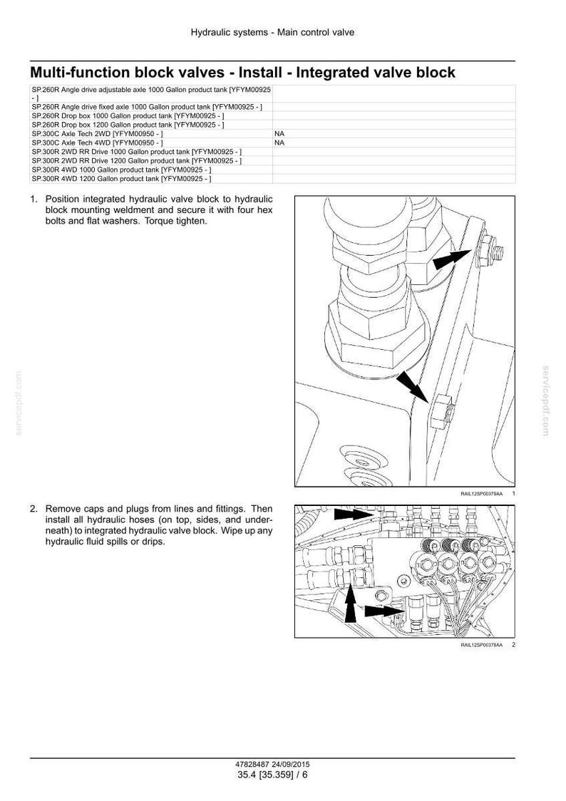 May include: Diagram of a hydraulic system's main control valve, with detailed instructions for installing a multi-function block valve. The image includes close-ups of the valve block and its components, with arrows indicating connection points.