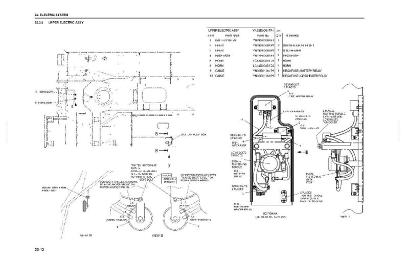 May include: A technical diagram labeled 23. ELECTRIC SYSTEM and 23.3.6 UPPER ELECTRIC ASSY, featuring a parts list table, schematic line drawings of electrical components, wiring paths, and assembly instructions with torque specifications in English.