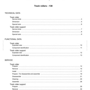 May include: A white document titled "Contents" with the text "Tracks and track suspension - 48" and "Track rollers - 138". The document lists technical, functional, and service data for track rollers and track roller support.