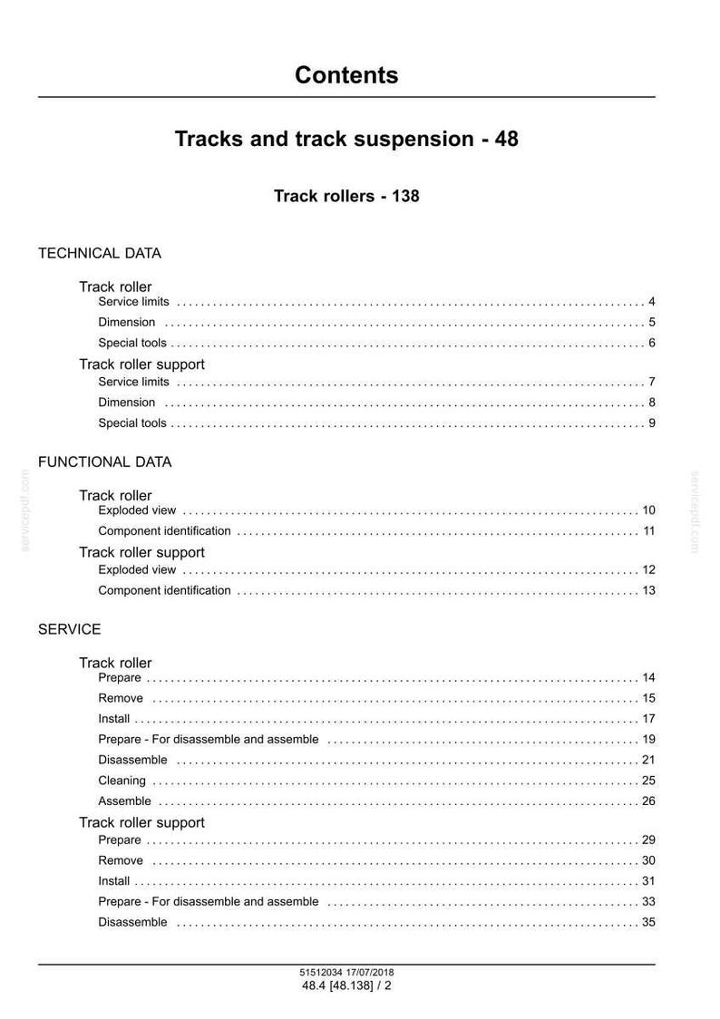 May include: A white document titled "Contents" with the text "Tracks and track suspension - 48" and "Track rollers - 138". The document lists technical, functional, and service data for track rollers and track roller support.