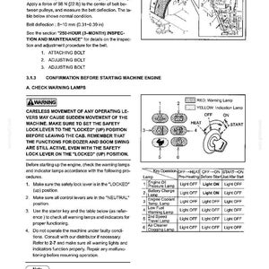 May include: A technical manual page titled 3. MACHINE OPERATION, featuring black and white diagrams of a fan belt and warning lamp indicators. It includes instructions for checking belt tension, safety lock lever usage, and engine warning lamp status.