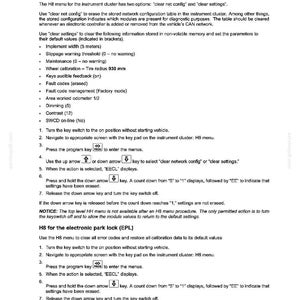 May include: A document with instructions for the H8 instrument cluster and electronic park lock (EPL) in a vehicle. Includes steps for clearing settings and network configurations. Text is in black on a white background.