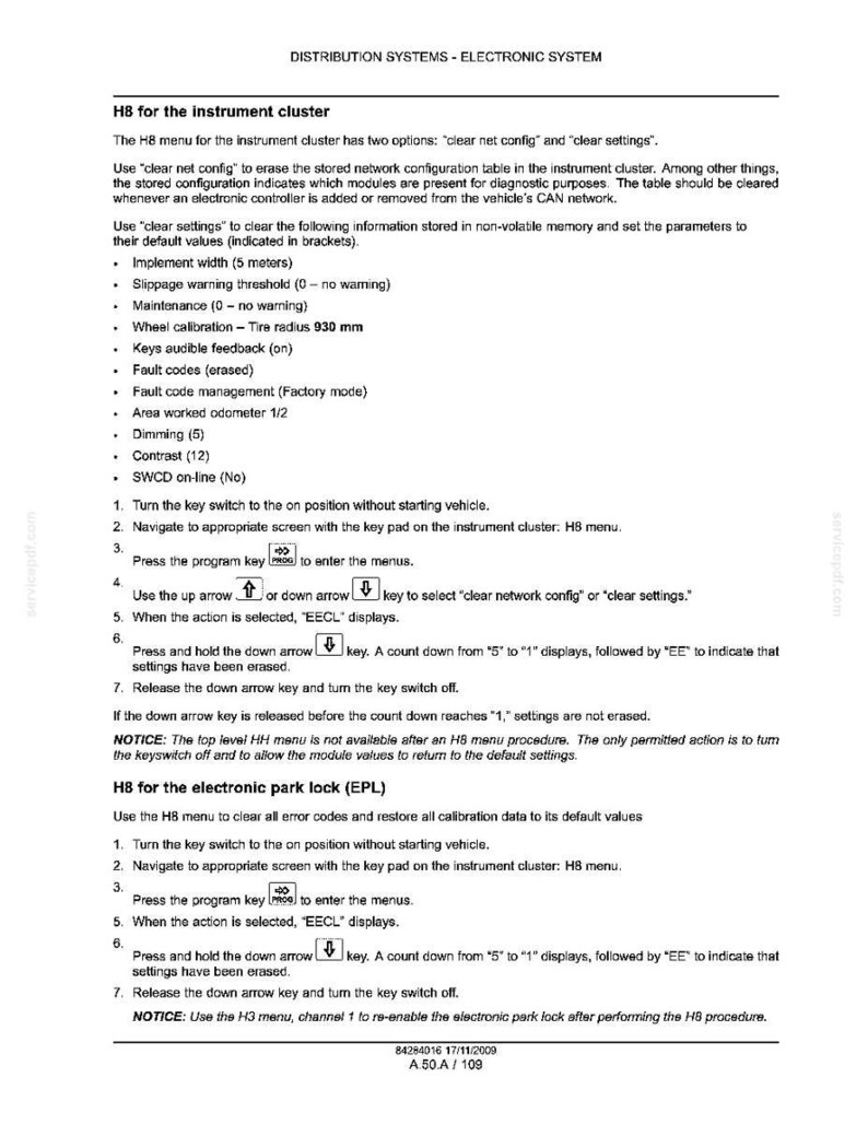 May include: A document with instructions for the H8 instrument cluster and electronic park lock (EPL) in a vehicle. Includes steps for clearing settings and network configurations. Text is in black on a white background.