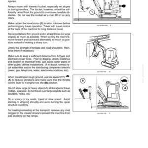 Puede incluir: Una p&aacute;gina de manual t&eacute;cnico titulada 6-WORKING OPERATIONS que contiene texto sobre precauciones de desplazamiento para maquinaria pesada. Incluye dos dibujos lineales en blanco y negro de una excavadora con cuchara y motor etiquetados 1, A y B.